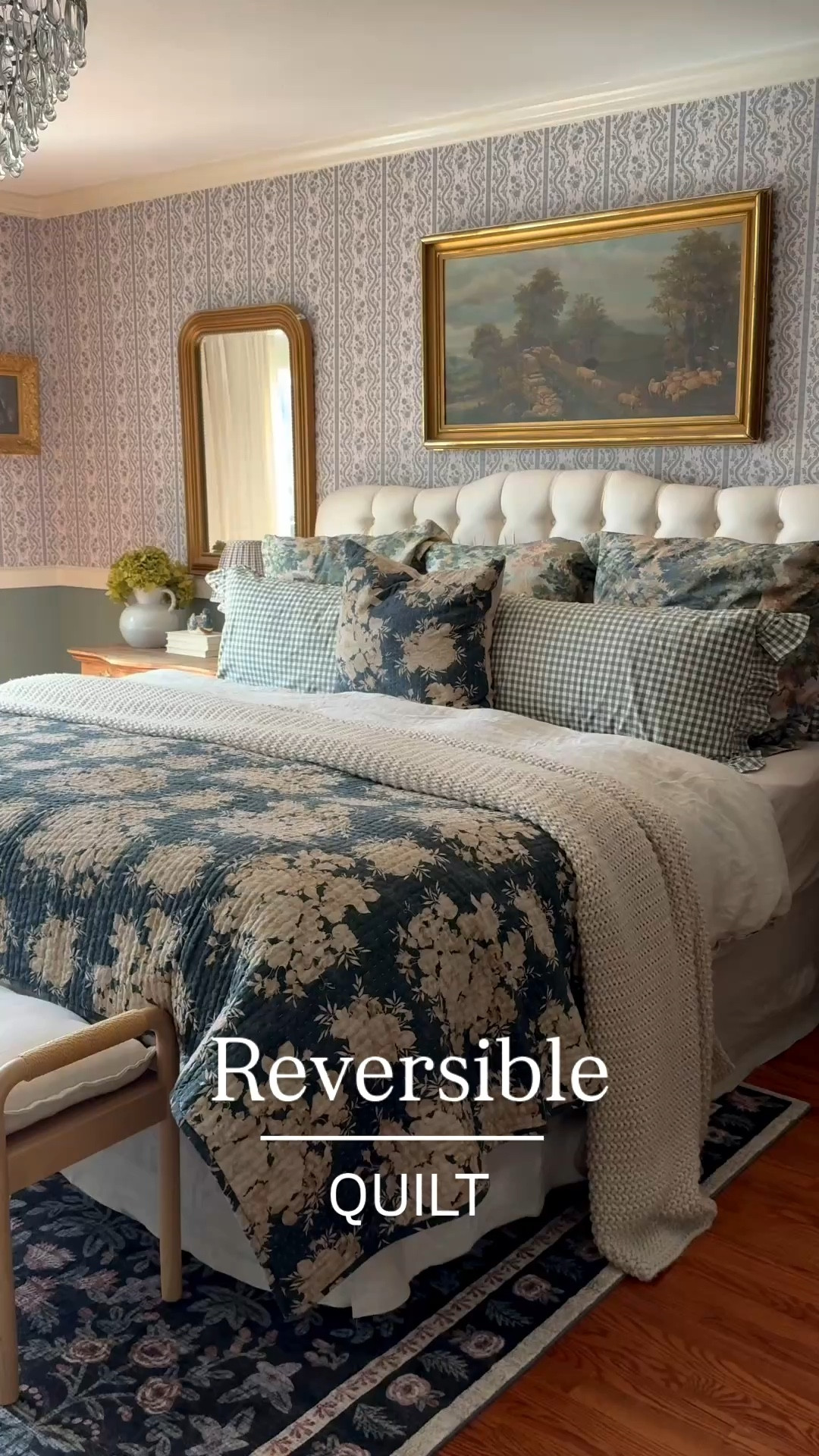 Who else loves options?!? Reversible floral quilt, linen duvet cover, linen bedskirt, linen curtains, linen shade, wallpaper, gold arch mirror, rug, chinky knit throw, ruffle gingham sham, toile percale sham, upholstered headboard

#LTKSpringSale #LTKHome #LTKSeasonal