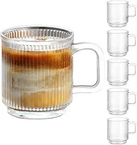 Qipecedm 6 PACK Premium Glass Coffee Mugs with Handle, 12 OZ Classic Vertical Stripes Glass Coffe... | Amazon (US)
