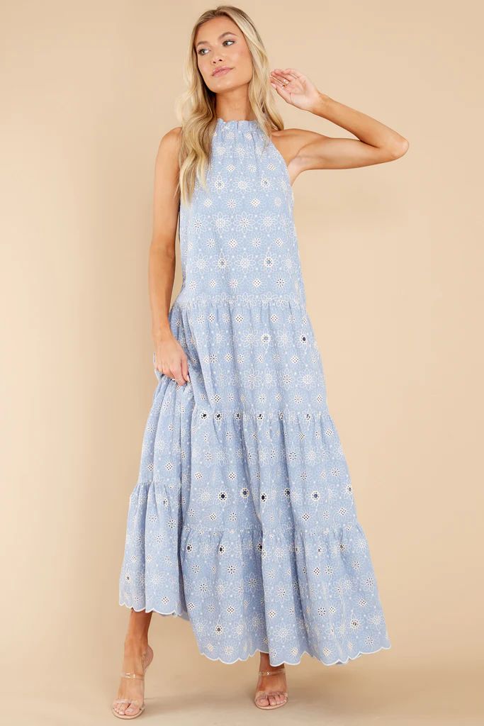 Sweet Excitement Dusty Blue Floral Eyelet Maxi Dress | Red Dress 