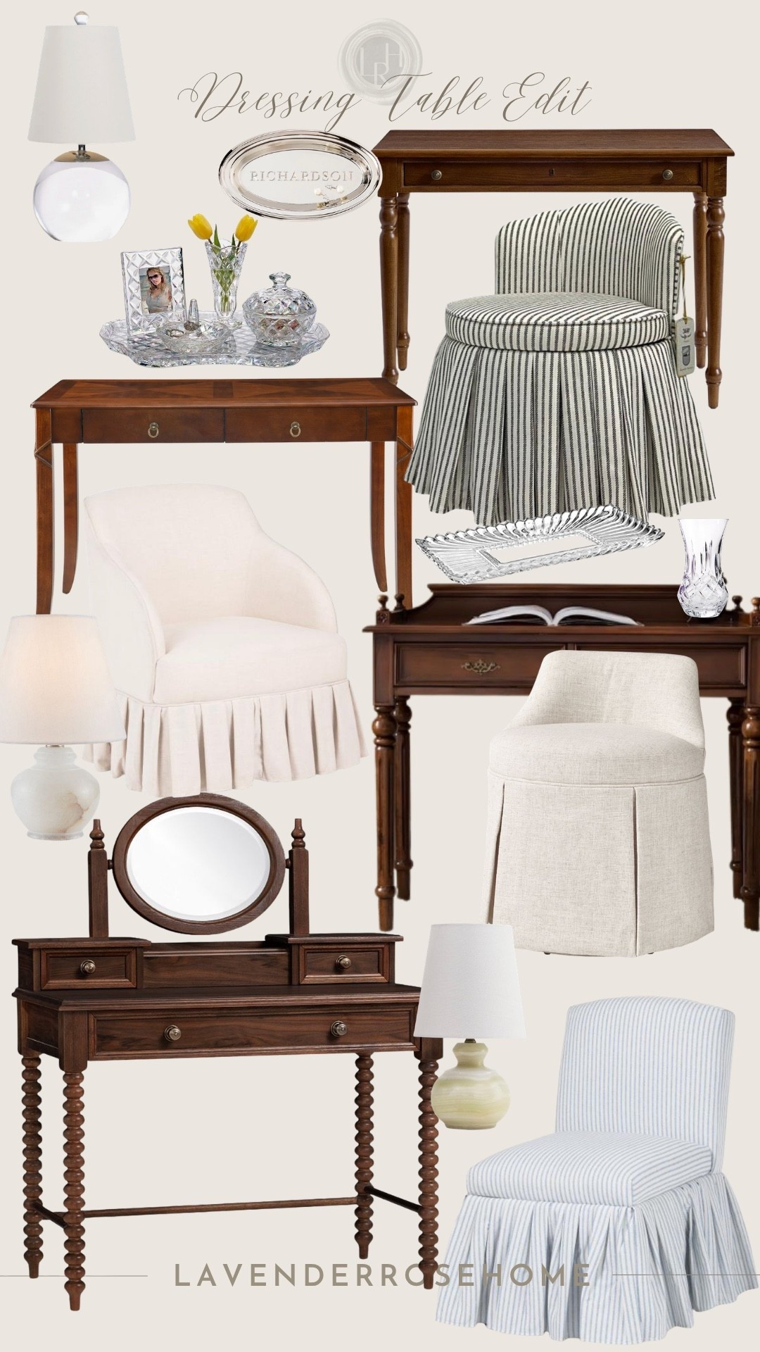Creating a little space all your own . A curated mix of dressing tables, vanity chairs, mirrors, lamps, and accessories to create a beautiful and functional dressing area or bedroom vanity. Classic pieces that make even a small corner feel special.

Bedroom. Vanity Area. Vanity Table. Dressing Table. Chair. Skirted Chair. Pleated Chair. Mini Lamp. Crystal Tray. For Her. Makeup Vanity Area. Classic Interior. LavenderRoseHome

#LTKHome