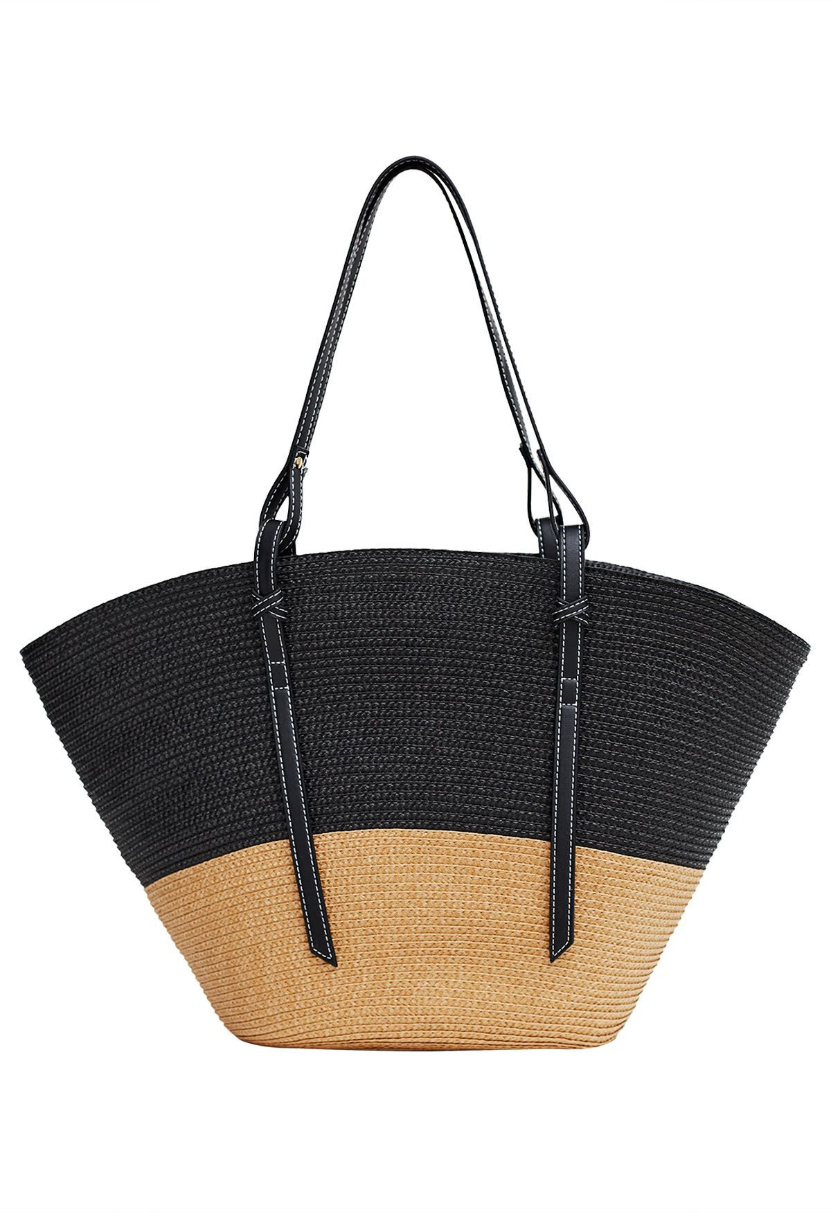 Two-Tone Faux Leather Handle Woven Straw Bag | Chicwish