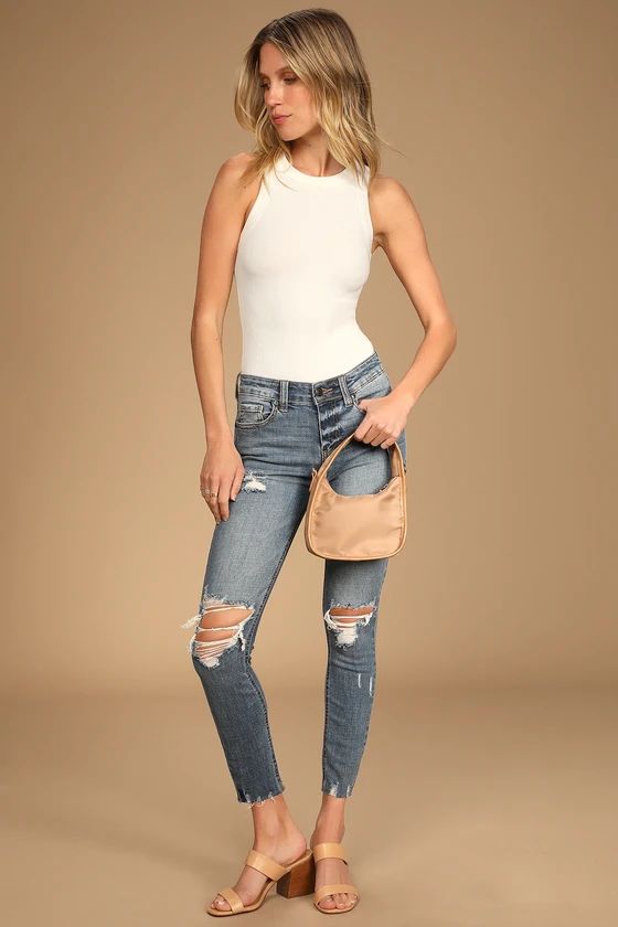 Clara Light Wash Distressed High Rise Cropped Skinny Jeans | Lulus (US)
