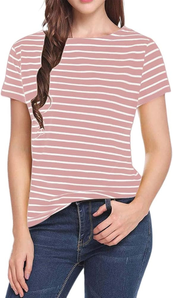 LilyCoco Women's Short Sleeve Striped Shirt Tops Crewneck T-Shirt Basic Tees | Amazon (US)