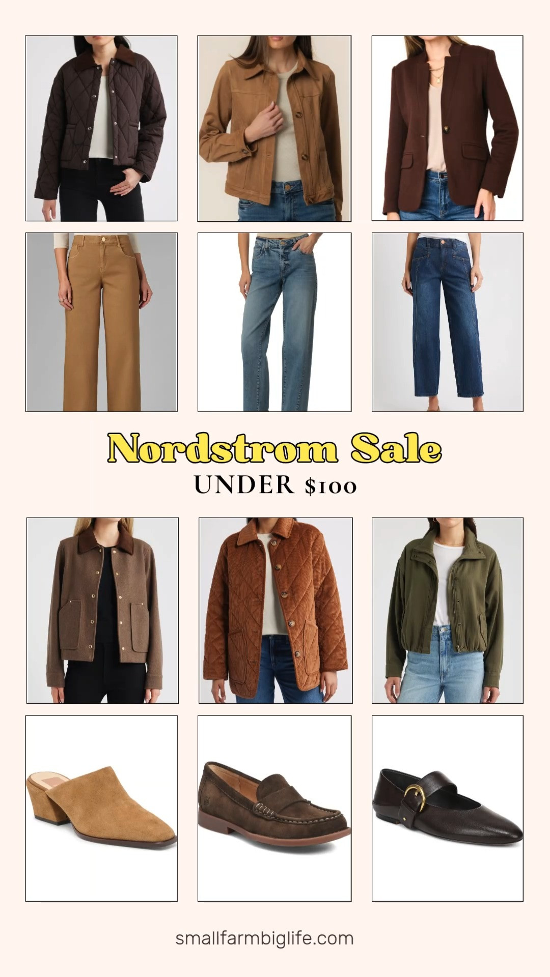 The Nordstrom sale is stacked with fall pieces under $100 right now, but it ends August 9th so these will not last long.

Starting with jackets: a chocolate brown quilted crop jacket, a caramel brown trucker jacket, a coffee brown notch collar knit blazer, a light brown corduroy trim jacket, a rust quilted corduroy jacket, and an army green bubble hem cotton twill jacket, all great layering options for fall.

For denim: a caramel brown high waisted wide leg jean, a vintage blue high waisted kick flare jean with a released hem, and a medium wash blue high waisted barrel jean.

Rounding it out in shoes: a brown suede loafer, a tan suede square toe mule, and a dark brown leather mary jane flat, all easy to wear with the pieces above.

Shop before the sale ends August 9th.

#nordstromsale #falljackets #widelegjeans #suedeloafers #saleunder100 

 #LTKootd #LTKOver40 #LTKWorkwear