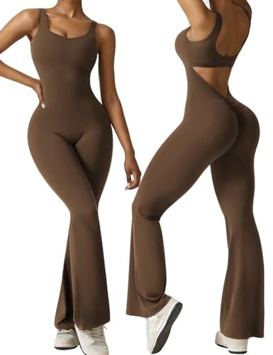 Vertvie Sleeveless Flare Jumpsuits for Women Sexy Backless Bodycon V Back Scrunch Butt Yoga Rompers Seamless Workout Bodysuit(Coffee,Large) | Amazon (US)