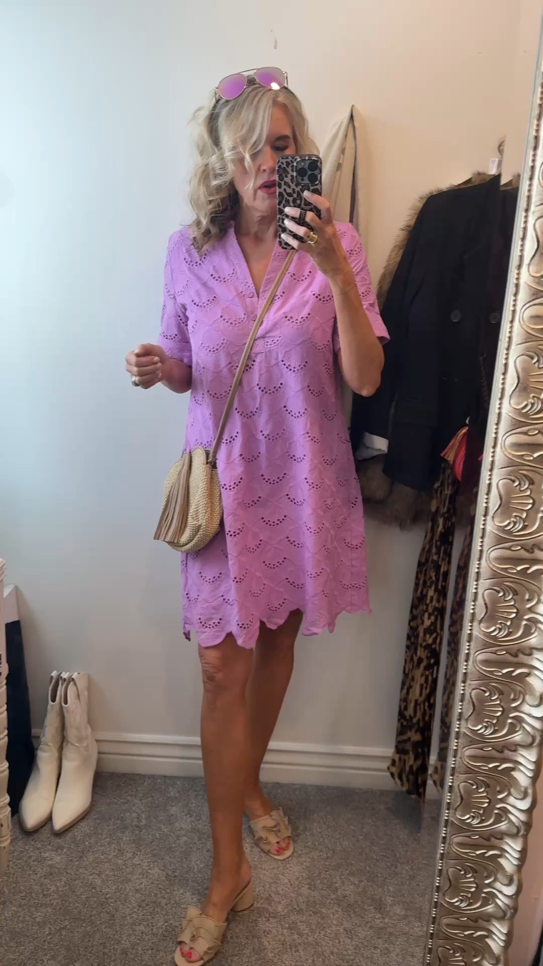 New arrivals Chicos eyelet dress
Perfect for Springs social season 

Dress is fully lined, has pockets, hits above knee and fits true to size (I am 5’91:2 ) wearing a Chico size 0 (4)

This orchid dress is perfect for travel, brunch, sightseeing, shopping or dress up for dinner.

Paired with ruffle raffia block heel slides, and raffia bag with tassel. (Bag was last years) 
Cute gold & brushed gold puff hoops. 

Loving tan self tanner on sale in dark instant tanning mouse with a mitt 

#LTKSpringSale 

#LTKWatchNow #LTKOver40