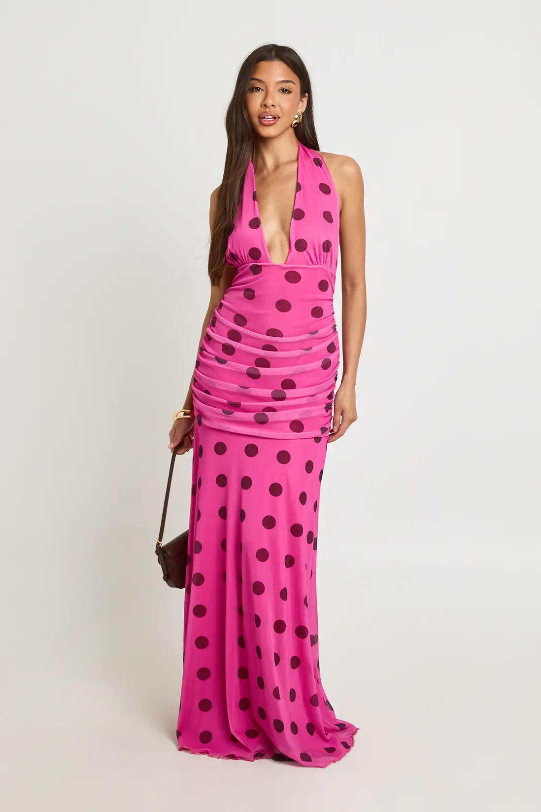 Pink Tonal Polka Dot Ruched Waist Maxi Dress | Boohoo | Boohoo.com (UK & IE)