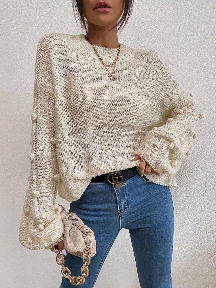 Popcorn Knit Drop Shoulder Sweater | SHEIN