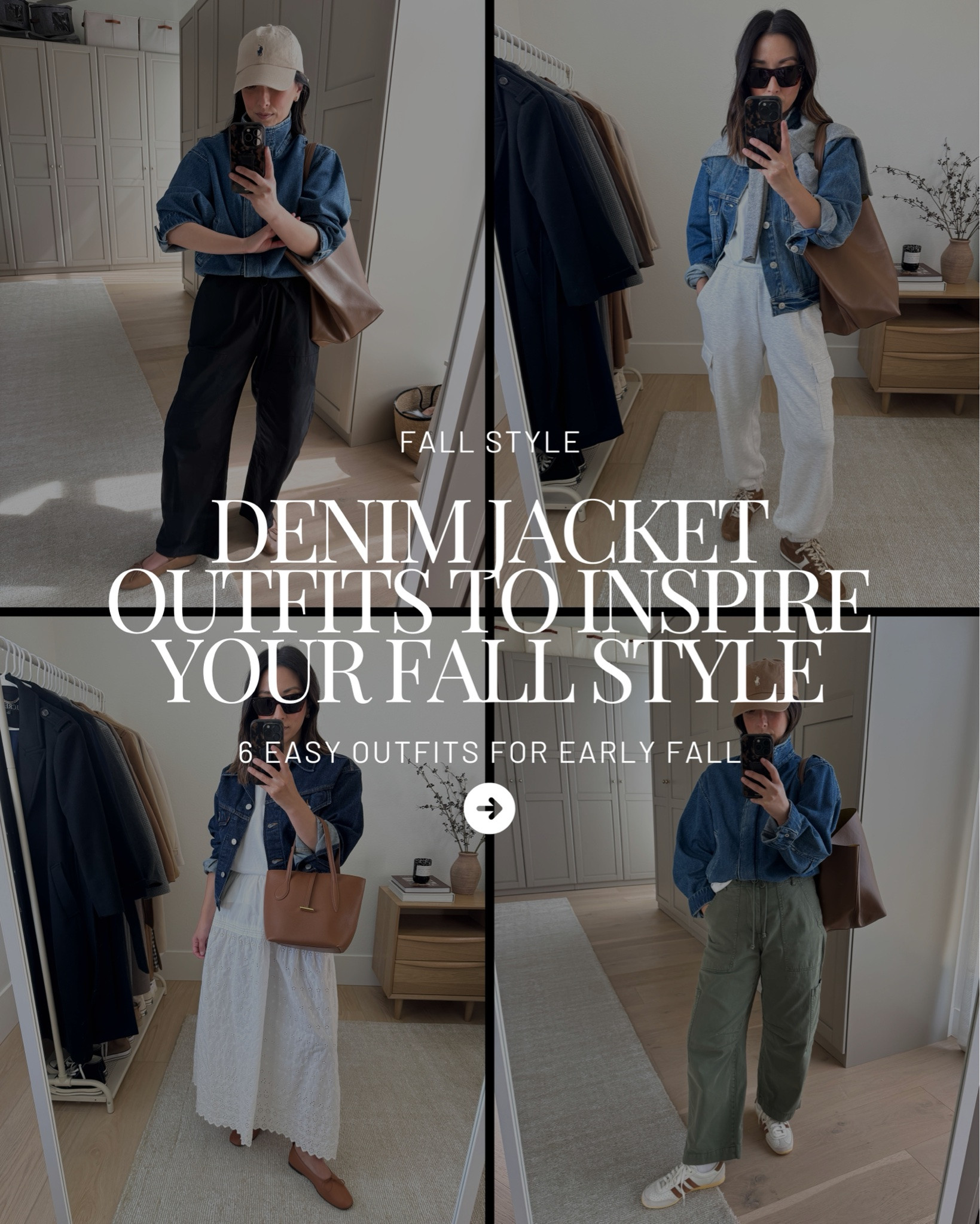 Denim jackets are one of my favorite fall staples. I love playing with different silhouettes and proportions to make them work with so many different outfits.

Look 1: 
Madewell jacket small 
J.crew tee medium 
Pistola poplin pants xs - old, linked similar 
Loeffler Randall flats 35 
Mansur Gavriel tote color is old, linked similar 
Polo Ralph Lauren hat 

Look 2: 
AYR jacket small -old, linked similar 
Aritzia tee medium 
Everlane sweater xs 
Ruti pants petite 4 
Veronica Beard loafers 5.5, but run tts 
Liffner shoulder bag - old, linked similar
Celine sunglasses 

Look 3: 
Madewell tee xs - sold out, linked similar 
Gap x Doen skirt xs - old, linked similar 
Everlane flats 5 
Levi's denim jacket xs 
Liffner bag - linked similar 
Celine sunglasses 
J.Crew earrings - old 
Dorsey James necklace 15" 

Look 4: 
Madewell jacket small 
Madewell tee xs 
Pistola cargos petite 25 
Adidas sneakers 5 
Mansur Gavriel tote - color Is sold out. 
Polo Ralph Lauren cap 

Look 5: 
Gap jacket petite xs - old, linked similar
Everlane tee medium 
Frank & Eileen sweat pants small - old, linked similar
Adidas SL72 sneakers 5 women 
Mansur Gavriel tote 
Fine Art hat - old 

Look 6: 
AYR jacket small - old, linked similar 
Madewell tee xs 
Everlane cashmere sweater xs 
Varley cargo pants 25" xs 
Larroude sneakers 6, run small 
Mansur Gavriel tote 
Celine sunglasses

#LTKmomlife #LTKPetite