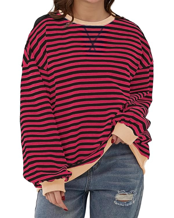 Eytino Women Plus Size Sweatshirt Striped Color Block Crew Neck Pullover Tops Long Sleeve Casual ... | Amazon (US)