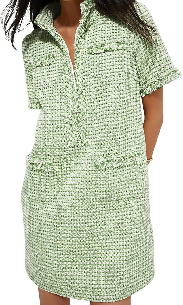 PEHMEA Women's Tweed Dress, Short Sleeve Straight Tube Mini Dress with Pockets for Business Party... | Amazon (US)