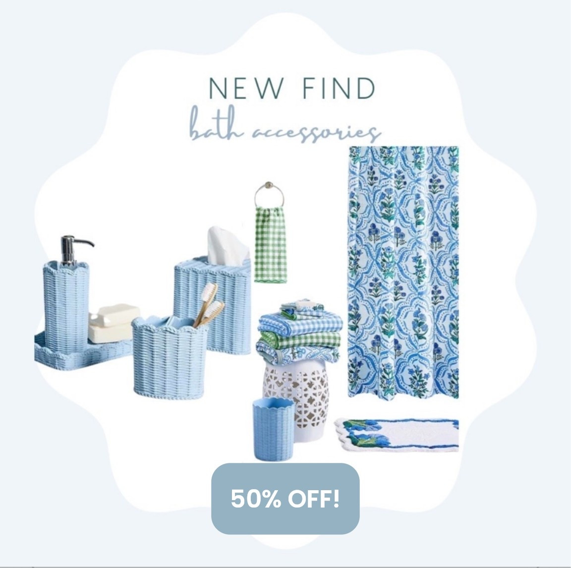 50% off cutest blue, white and green bathroom accessories! 

Bathroom, bathroom, accessories, shower, curtain, towels, bath, towels, blue, and white bathroom, bathroom, refresh, flow, and right to core, home sale, bathroom sale