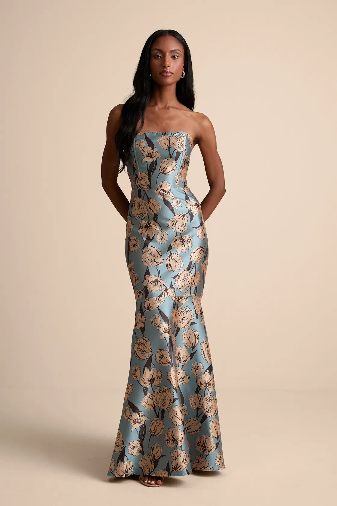 Gowning Around Slate Blue Floral Jacquard Strapless Maxi Dress | Lulus