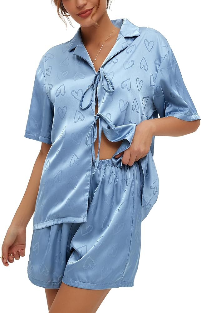 CHYRII Women's Silk Satin Pajamas Sets Tie Front Short Sleeve Tops and Shorts Two Piece Pj Sets S... | Amazon (US)