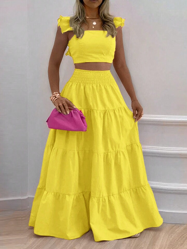 SHEIN Slayr Vacation Flying Sleeve Whipping Camisole Top And Long Layered Summer Skirt | SHEIN