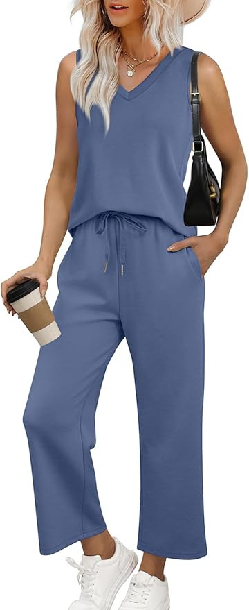 WIHOLL Two Piece Set for Women Summer Outfits Vacation Trendy Lounge Sets V Neck Matching Sets | Amazon (US)