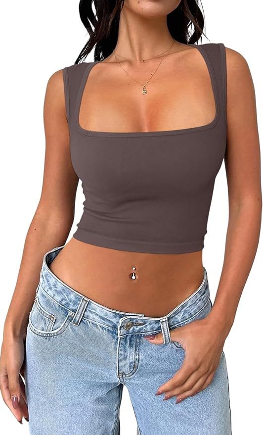 Meyeeka Women's Sexy Sleeveless Crop top Seamless Square Neck Trendy Tank top | Amazon (US)