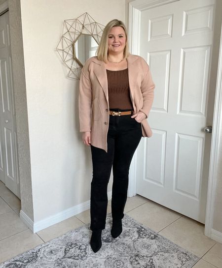 Black, brown, and tan outfit! Camel colored coatigan jacket fits TTS to a bit oversized. I’m in the large. Black straight jeans run a bit small. I’m in the 14. Workwear  

#LTKworkwear #LTKover40 #LTKmidsize