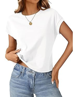 Womens Crop Tops Cap Sleeve T Shirts Cotton Crewneck Loose Fit Trendy Short Sleeve Tops for Women... | Amazon (US)