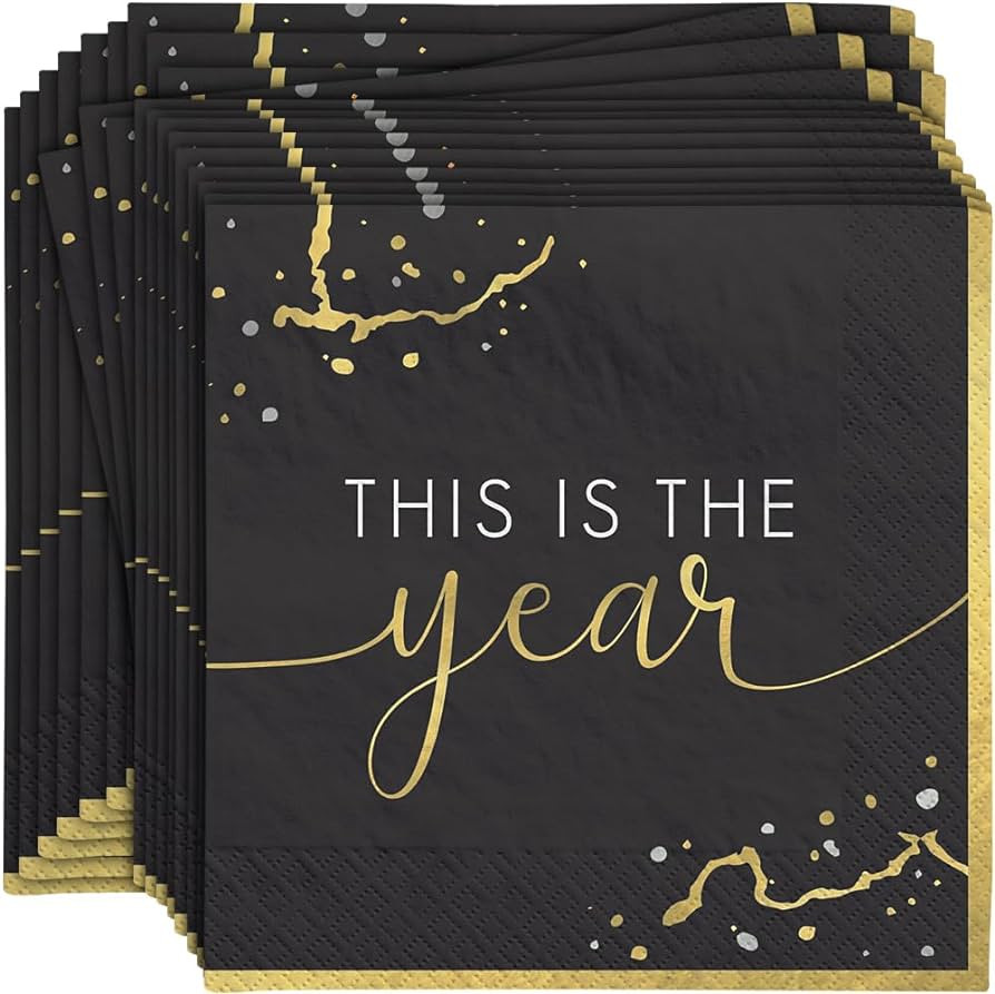Hello NYE Luncheon Napkins - (6.5" x 6.5", Pack of 40) - Elegant Black & Gold Paper Napkins - Per... | Amazon (US)