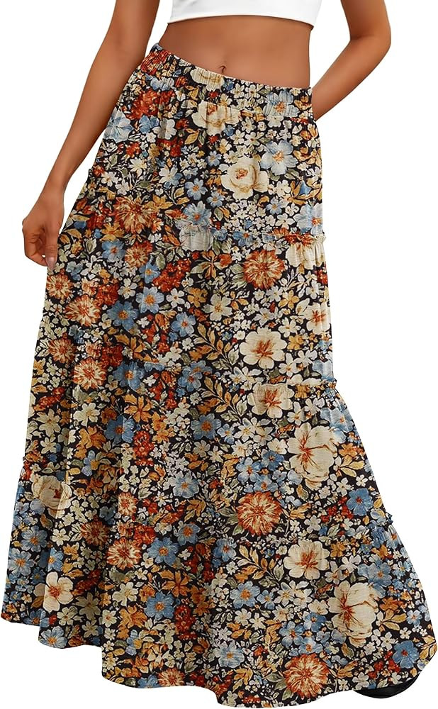 Women Tiered Ruffle Maxi Skirt High Waist Pockets Boho | Amazon (US)