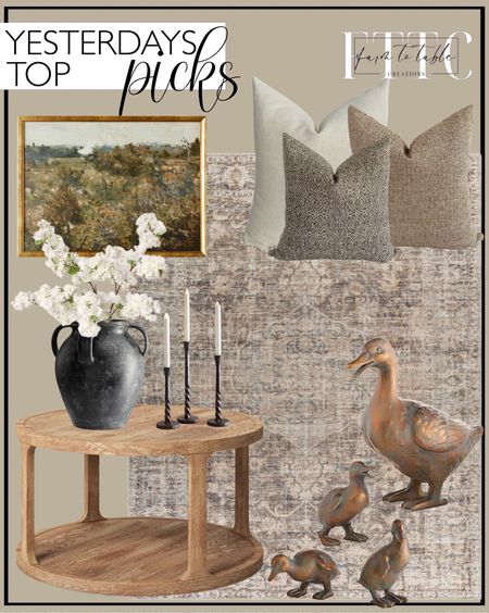 Yesterday’s Top Picks. Follow @farmtotablecreations on Instagram for more inspiration.

Set of 4 Duck Family with Mother andThree Babies. Marlene Vintage Dark Brown Area Rug. Castalia Coffee Table - Threshold. 40" FAUX CHERRY BLOSSOM BRANCH STEM CREAM. Joshua Handcrafted Ceramics Collection. Easton Forged-Iron Taper Candleholder. 24" x 18" Landscape Study Framed Wall Canvas Antique Gold - Threshold designed with Studio McGee. Serene pillow cover combo. Hackner Home. 



#LTKfindsunder50 #LTKhome #LTKsalealert