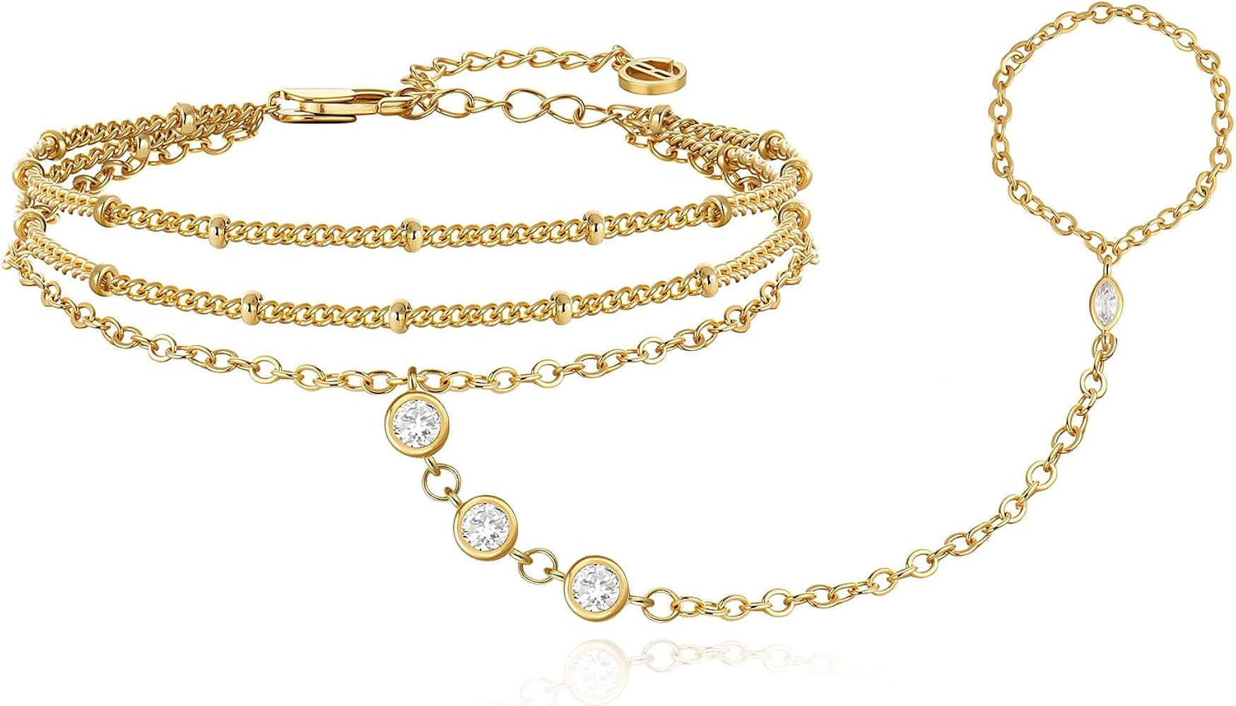 Cicy Bell 18K Gold Plated Hand Chain for Women Layered Stackable Dainty Ring Bracelet Adjustable ... | Amazon (US)