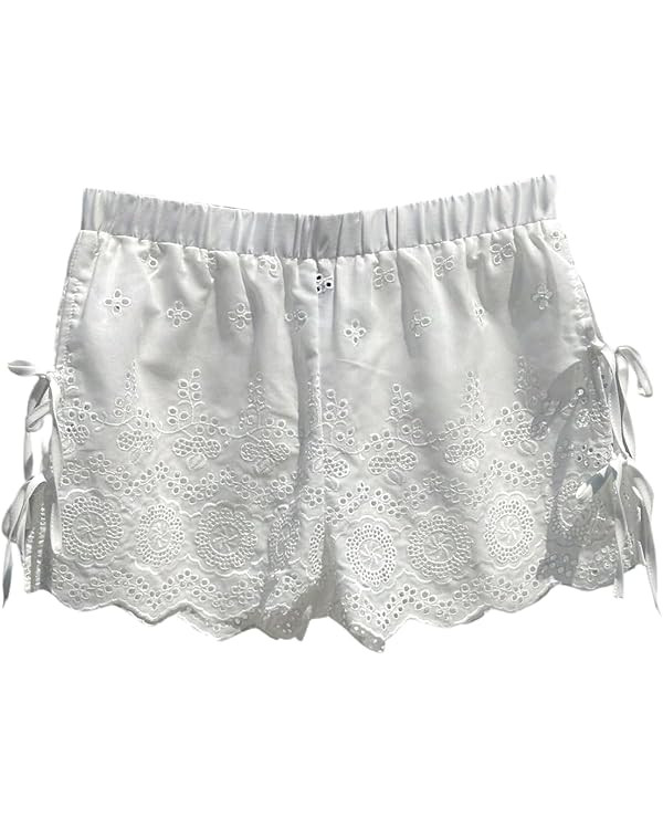 SweatyRocks Women's Bow Tie Knot Boho Shorts Elastic Waist Embroidery Eyelet Summer Short | Amazon (US)