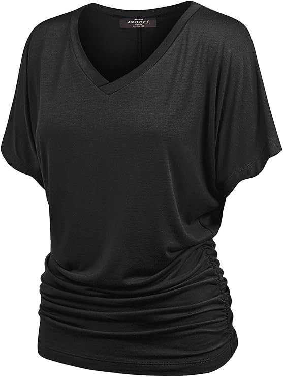 Made By Johnny MBJ Women's Solid Short Sleeve Boat Neck V Neck Dolman Top with Side Shirring | Amazon (US)