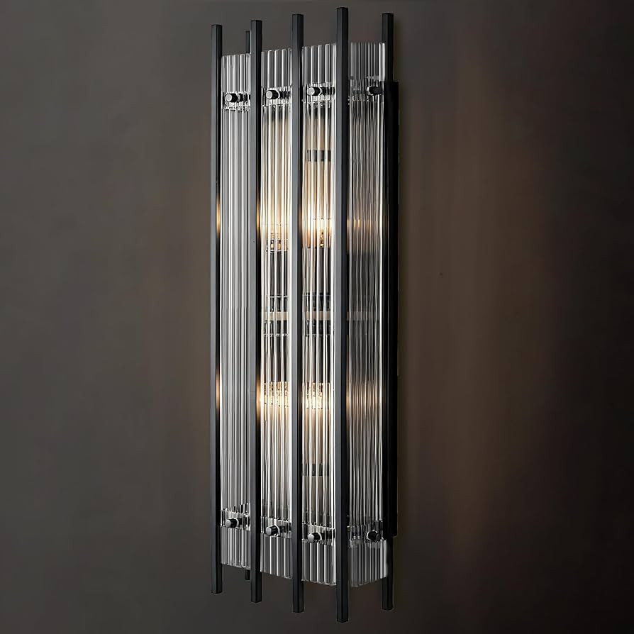 Modern Black Wall Sconce,25in Grand Rectangular Ribbed Glass Wall Sconces,Indoor Hardwired Wall S... | Amazon (US)