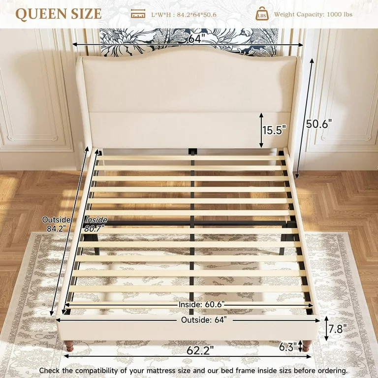 Neche Queen Upholstered Platform Bed Frame - 51" Tall Curved Wingback, Soft Fabric, Retro Sleigh ... | Walmart (US)