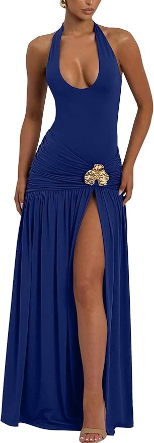 YMDUCH Women's Sexy Halter V Neck Sleeveless Ruched High Split Long Formal Cocktail Party Dress | Amazon (US)
