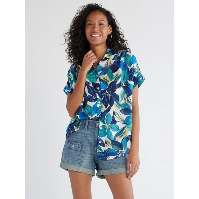 Time and Tru Women's Linen Blend Shirt with Roll Cuff Sleeves, Sizes S-XXXL - Walmart.com | Walmart (US)