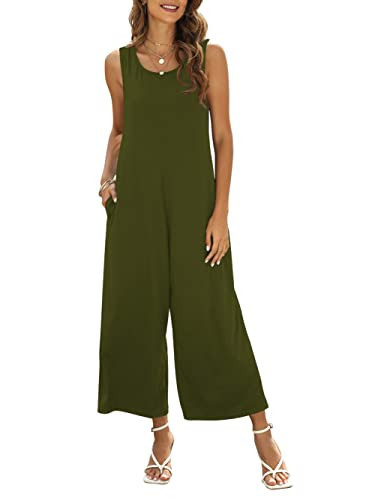 Nfsion Women's Summer Casual Loose Tank Jumpsuit Sleeveless Crewneck Jumpsuit Romper Outfits with Pockets X-Large Army Green | Amazon (US)