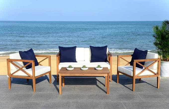 Safavieh PAT7031A Collection Nunzio Teak and White and Navy 4 Pc Accent Outdoor Set, Natural/Beig... | Amazon (US)