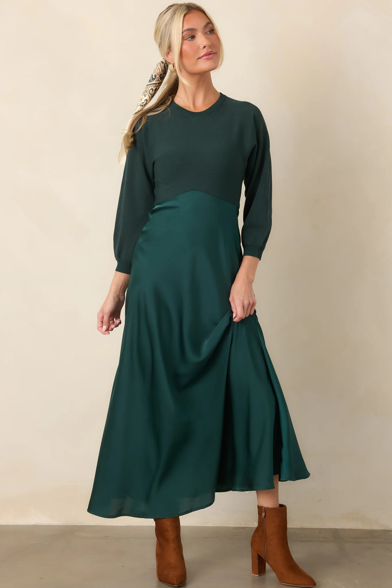 Perfectly in Place Emerald Green Knit Bodice Midi Dress | Red Dress