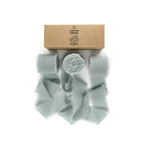 Vitalizart 3 Rolls Handmade Fringe Chiffon Silk Ribbon 1.5" x 7Yd Dusty Blue Ribbons Set for Wedding | Amazon (US)