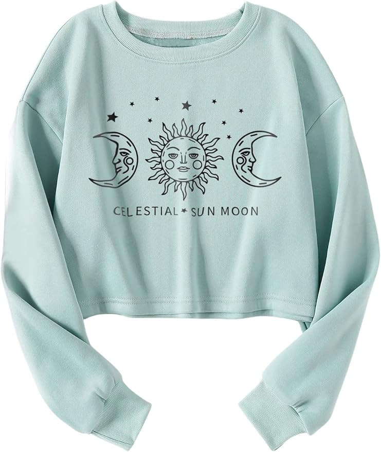 ROMWE Women's Casual Crewneck Long Sleeve Graphic Print Pullover Crop Top Sweatshirt | Amazon (US)