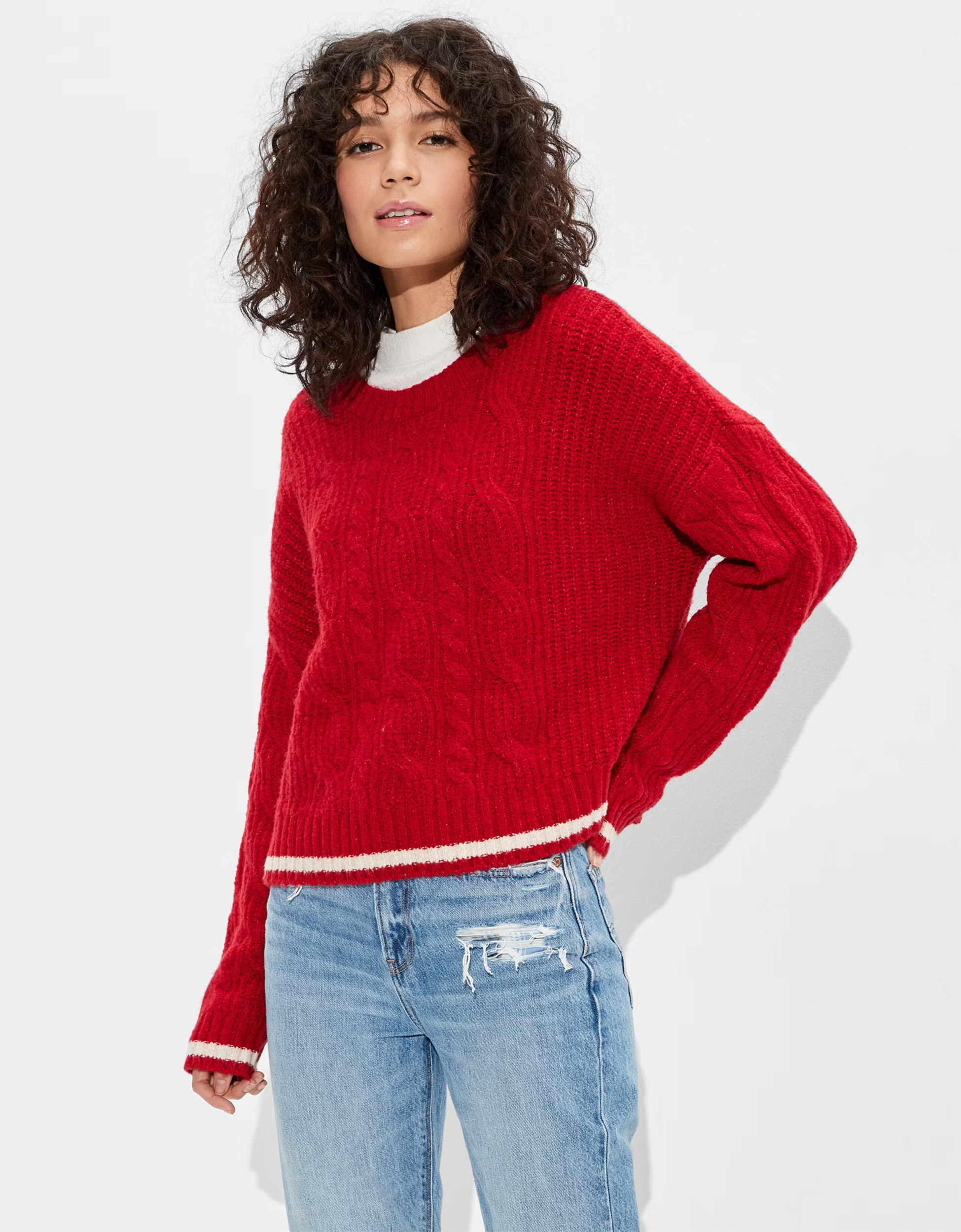 AE Cable Knit Crew Sweater | American Eagle Outfitters (US & CA)