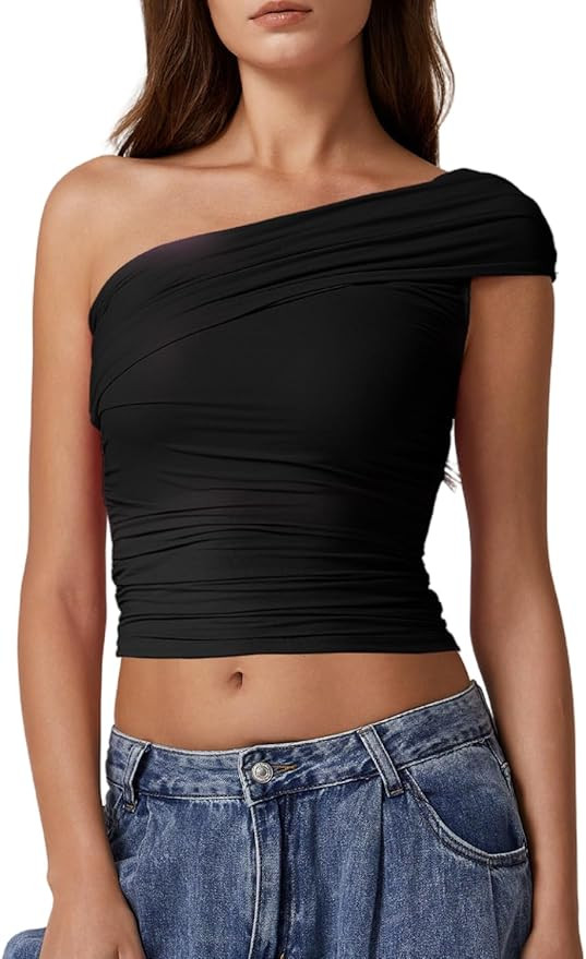 QINSEN Womens Sleeveless Foldover Top Double Lined One Shoulder T Shirts Summer Trendy Going Out ... | Amazon (US)