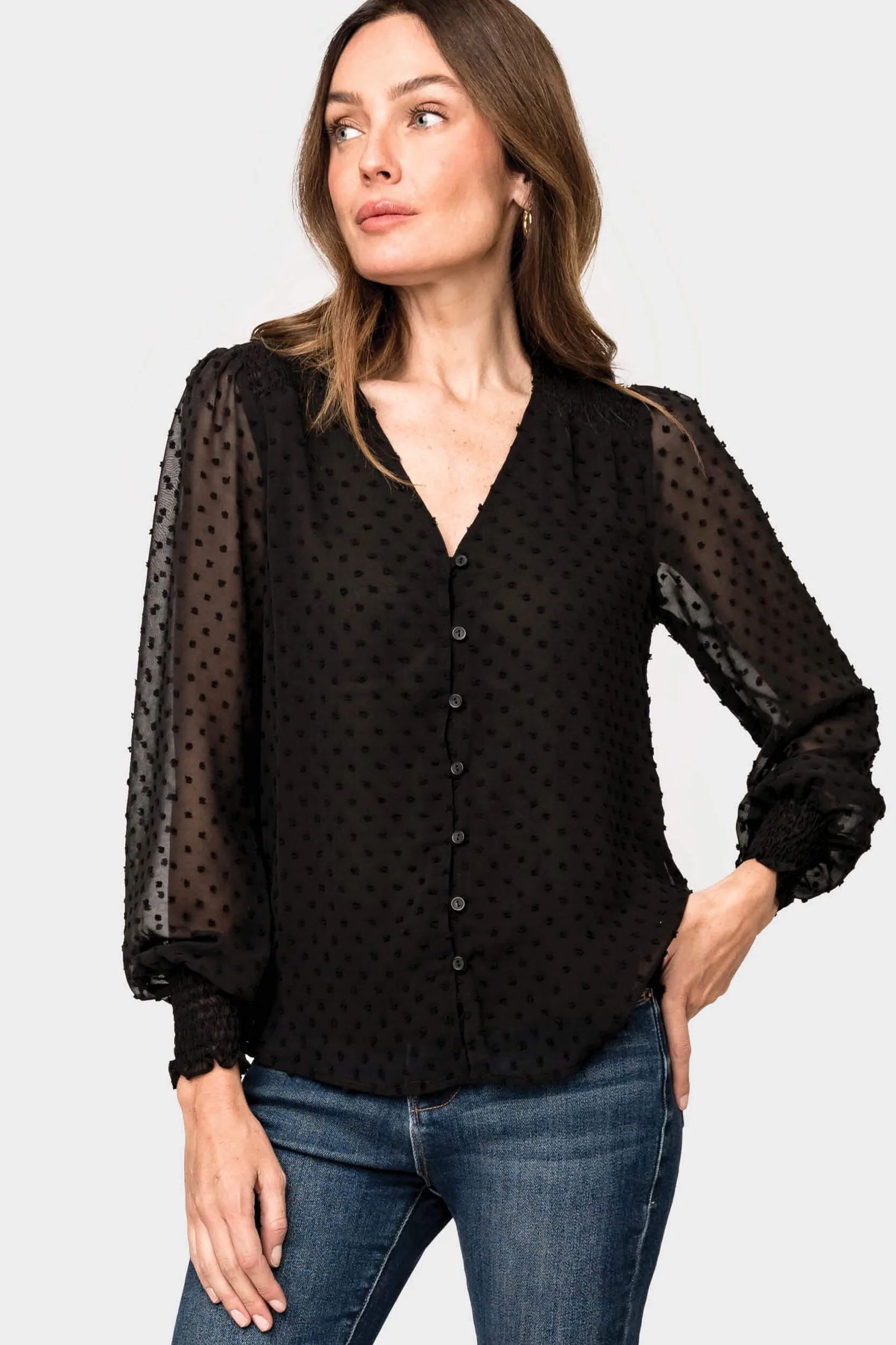 Pin Dot Smocked Detail V-Neck Blouse | Gibson