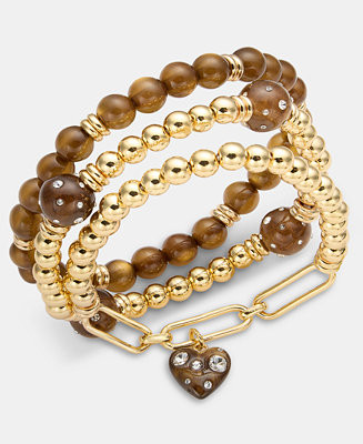 3-Pc. Set Pavé Heart Charm Beaded Stretch Bracelets, Macy's Exclusive | Macy's
