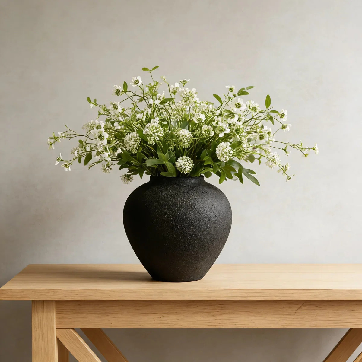 Large Black Round Vase With Pottery Look - Rustic Modern Farmhouse Centerpiece Vase, Earthy Textu... | Wayfair North America