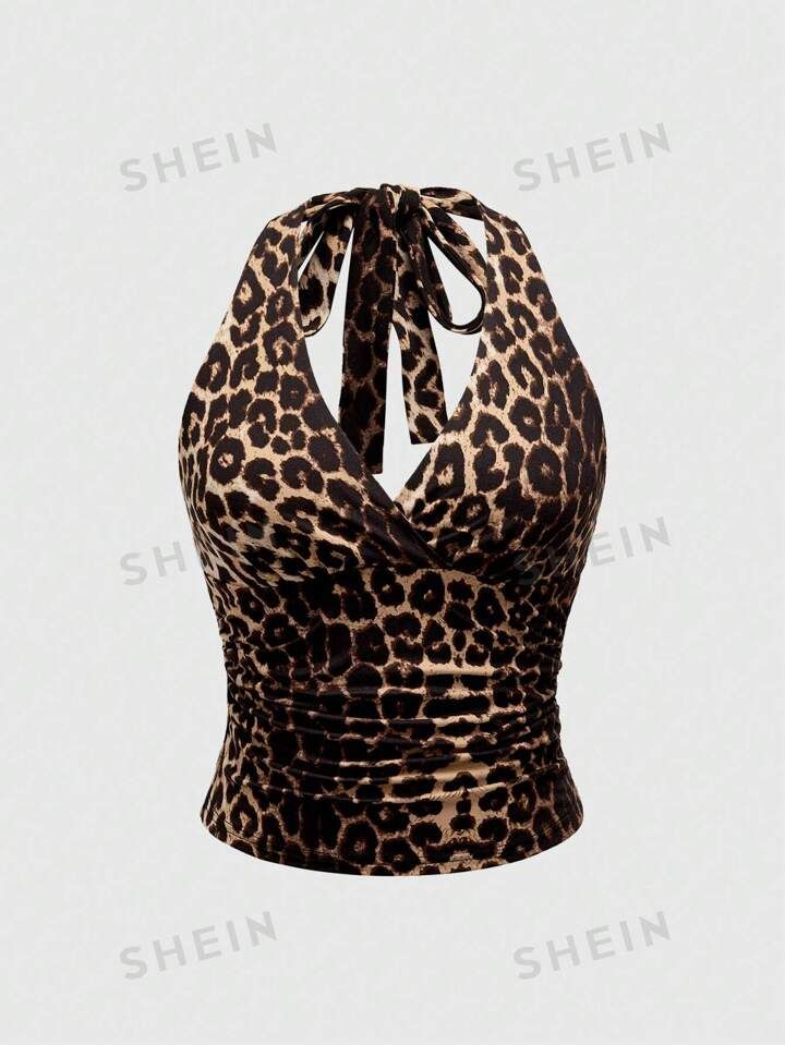 ROMWE Grunge Punk Y2K Leopard Print Halter Neck Top For Women, School | SHEIN