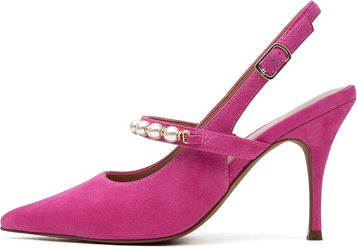 Linea Paolo - Yemina - Womens Pearl Festooned Pointy Toe Mary Jane Slingback Suede High Heels | Amazon (US)
