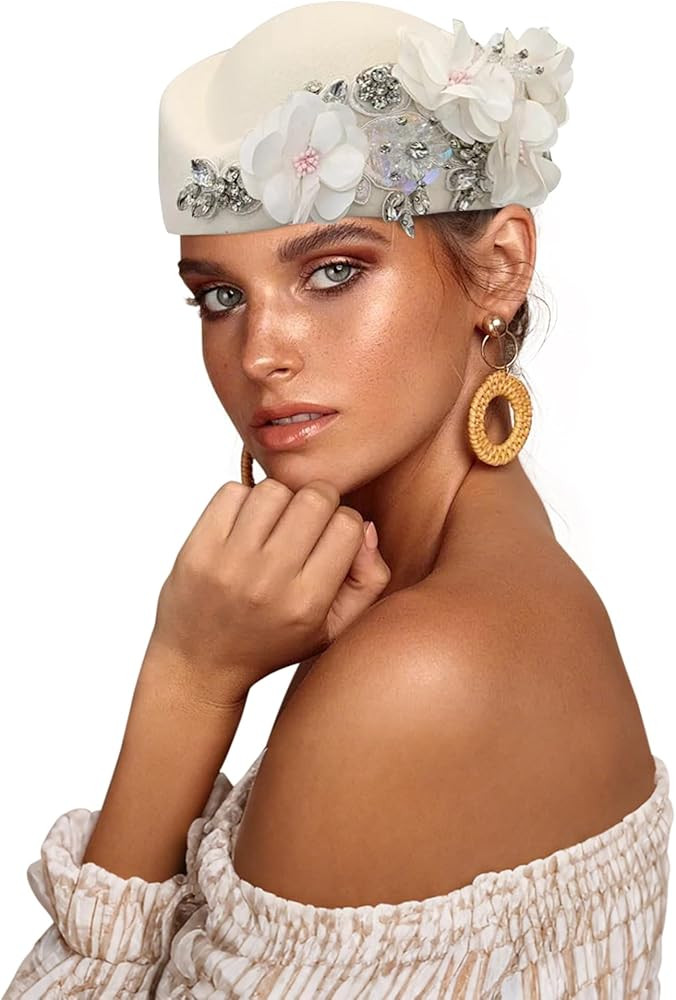 Beret Hats for Women British Felt hat Women's Church Derby Headdress Women's Floral hat Suitable ... | Amazon (US)