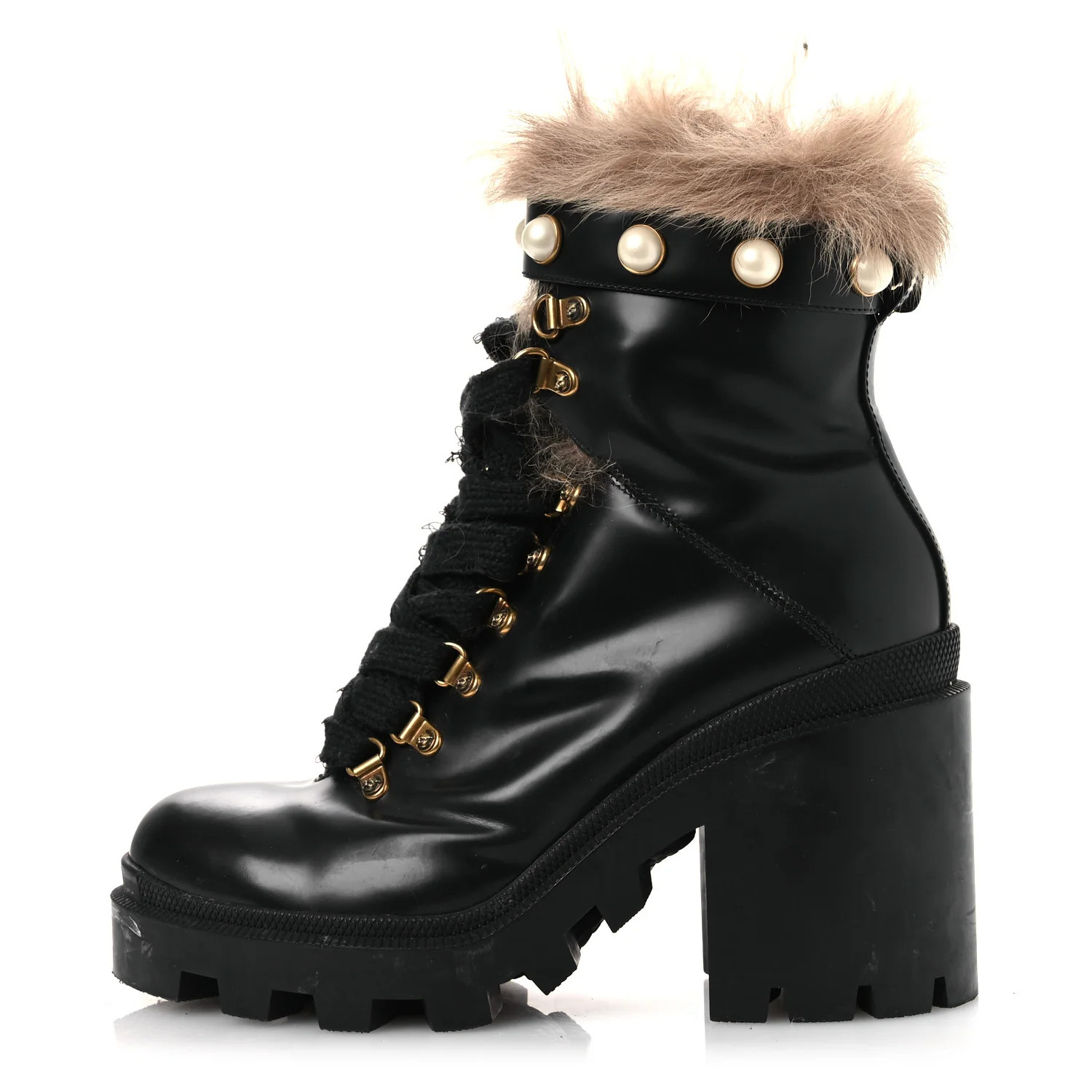 Magnum Calfskin Fur Pearl Lace Up Combat Ankle Boots 39.5 Black Naturale | FASHIONPHILE (US)