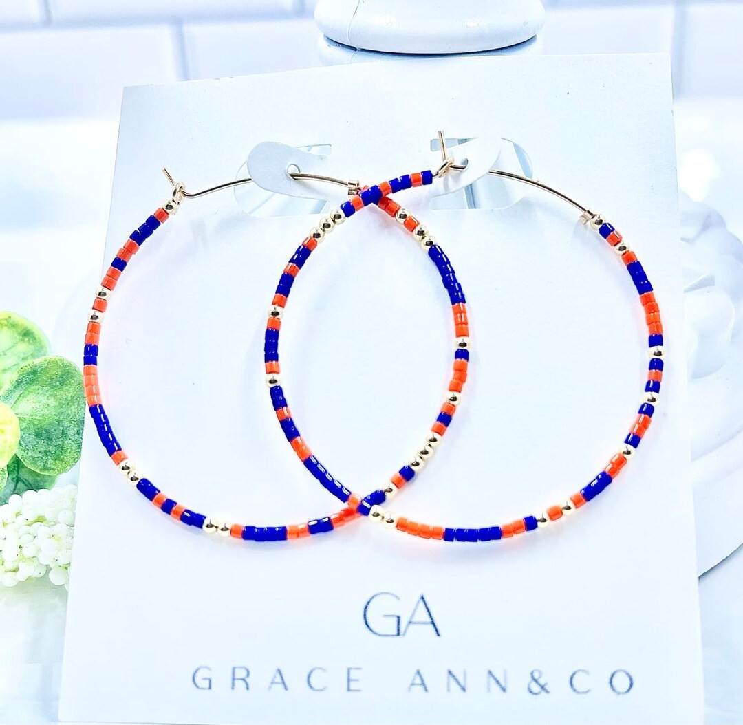Beaded 14k Gold Filled Hoop Earrings. Orange Blue and Gold - Etsy | Etsy (US)