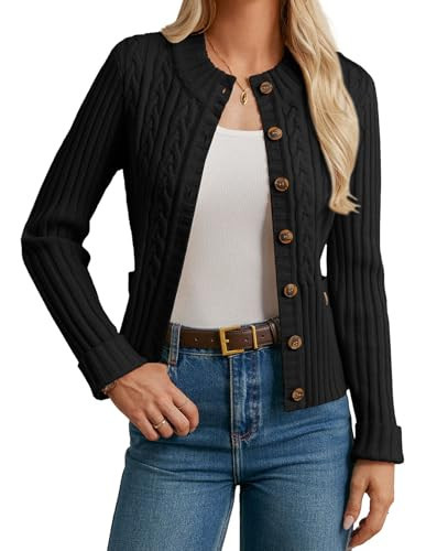 Black Cardigan for Women Button Up Sweater, Chunky Cardigan Winter Clothing, Cropped Cable Knit Cardigans L | Amazon (US)