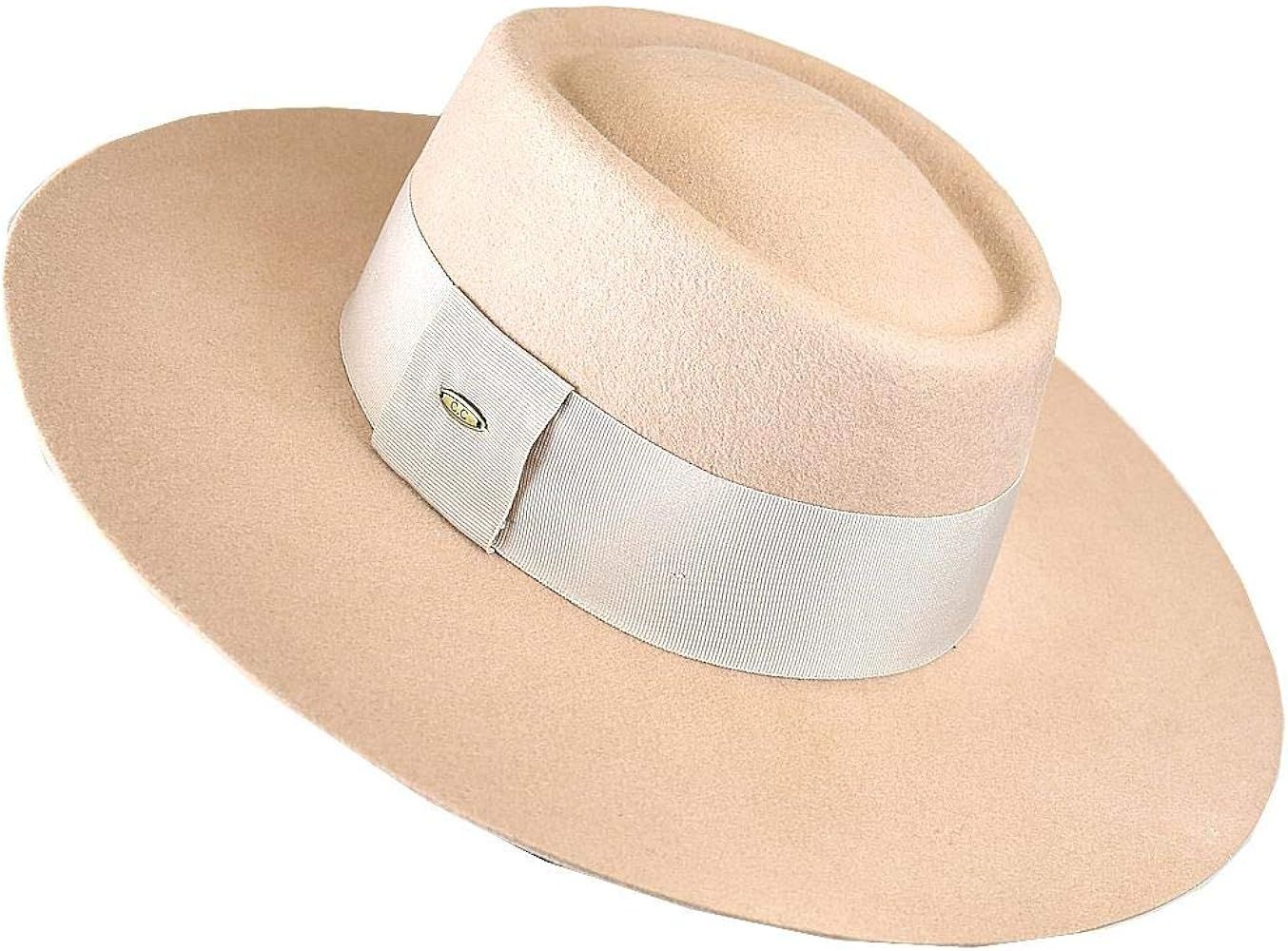 NYFASHION101 Wool Wide Brim Porkpie Fedora Hat w/Simple Band Accent | Amazon (US)